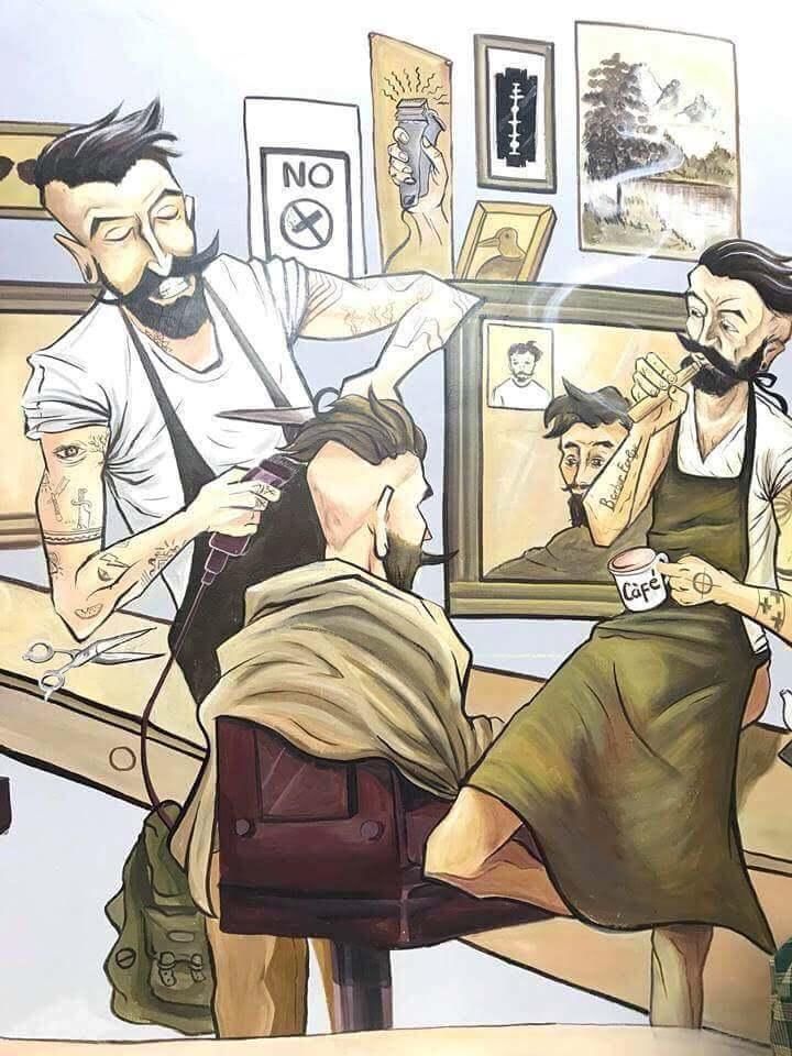 Mẫu tranh tường Barber Shop cổ điển cho tiệm tóc thêm phong cách
